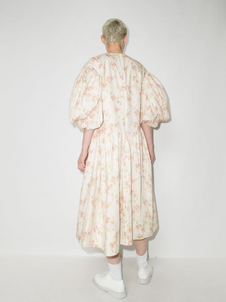 Puff Sleeve Floral Print Cotton Midi Dress