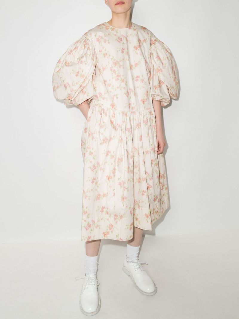 Puff Sleeve Floral Print Cotton Midi Dress