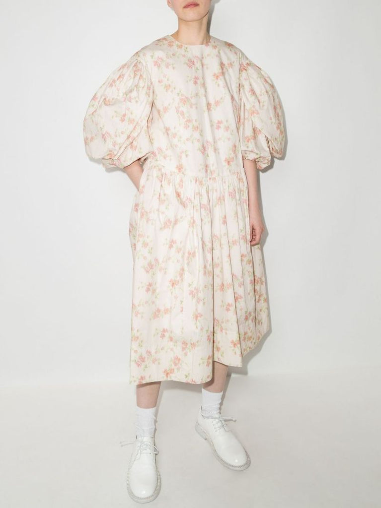 Puff Sleeve Floral Print Cotton Midi Dress
