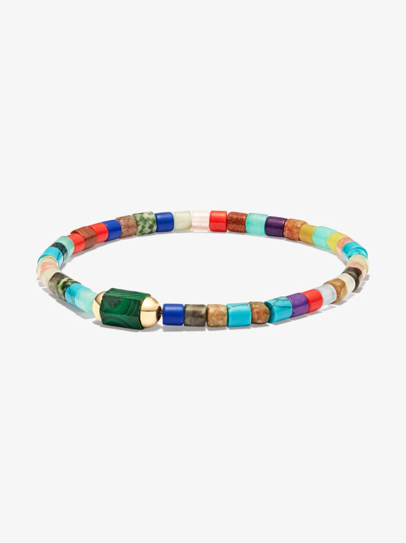 14k Yellow Gold Medium Hexagon Malachite Bolt Beaded Bracelet