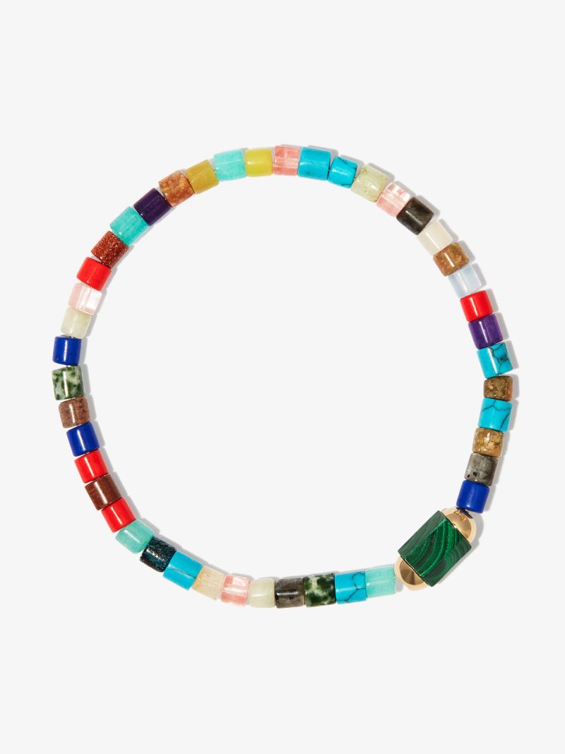 14k Yellow Gold Medium Hexagon Malachite Bolt Beaded Bracelet