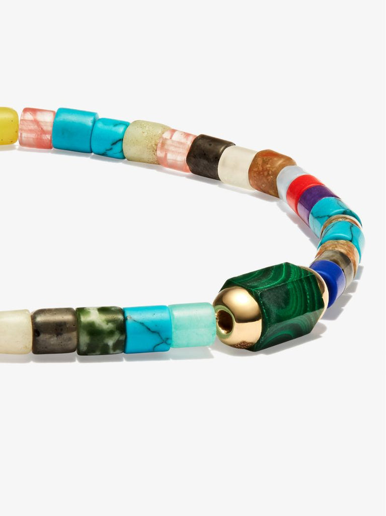 14k Yellow Gold Medium Hexagon Malachite Bolt Beaded Bracelet
