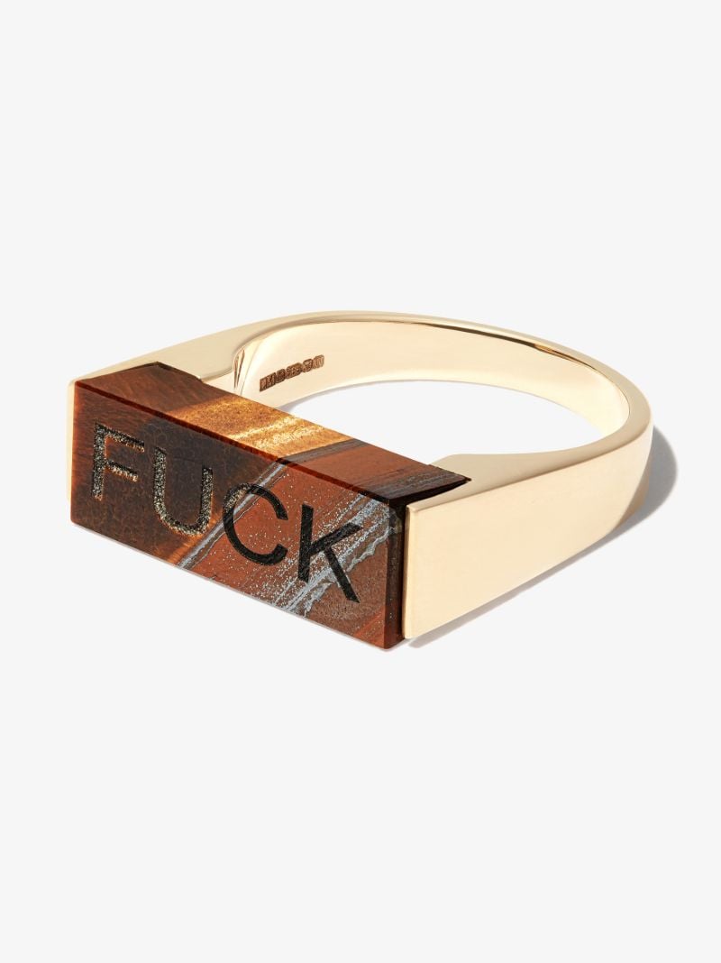 14k Yellow Gold Slogan Tiger's Eye Ring