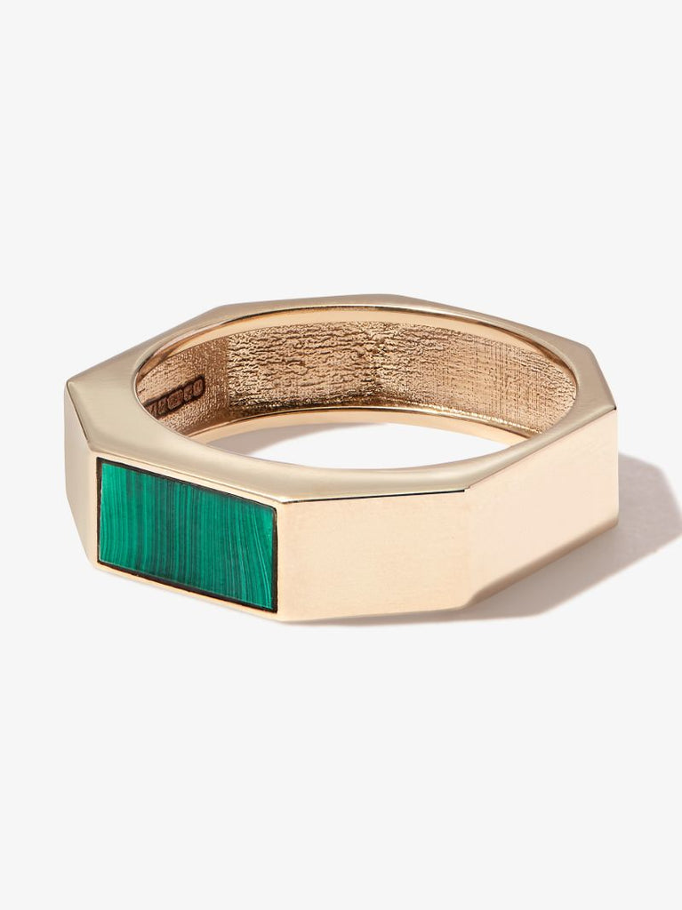 14k Yellow Gold Gemstone Geo Malachite Ring