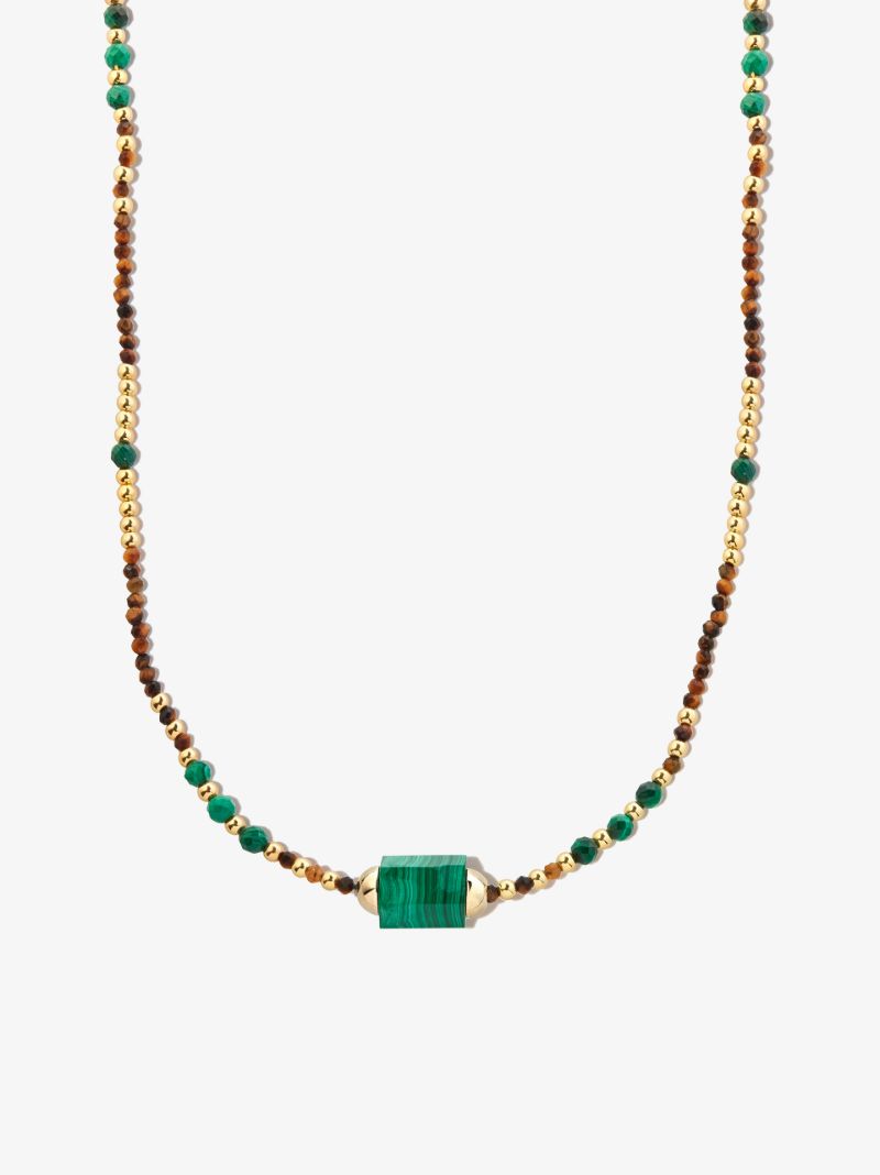14k Yellow Gold Hexagon Malachite Beaded Necklace