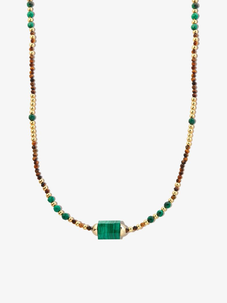 14k Yellow Gold Hexagon Malachite Beaded Necklace