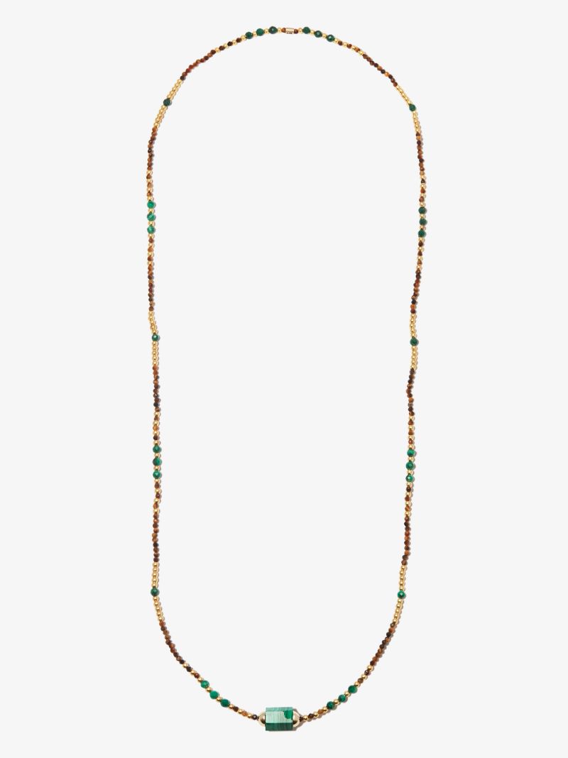 14k Yellow Gold Hexagon Malachite Beaded Necklace