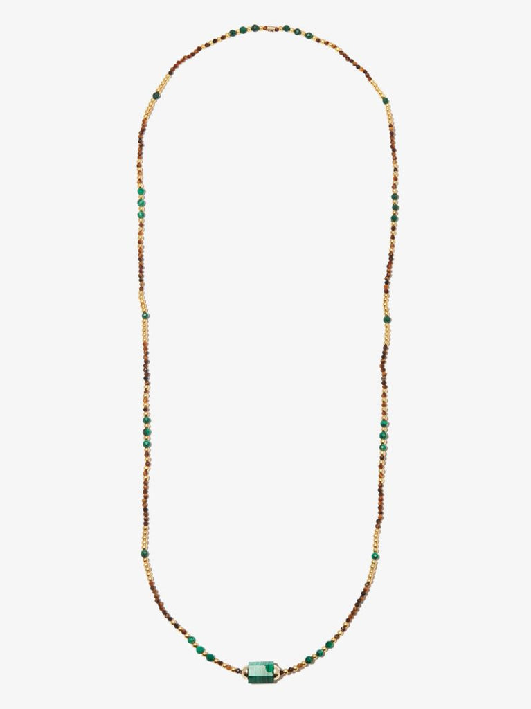 14k Yellow Gold Hexagon Malachite Beaded Necklace