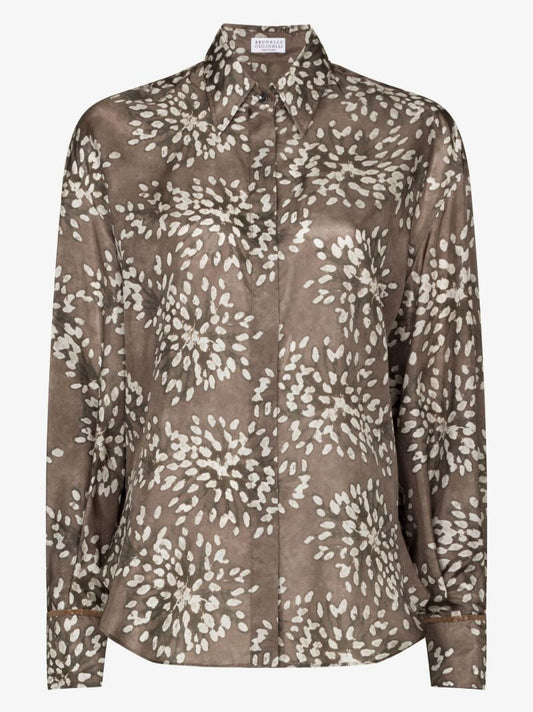 Neutral Graphic Print Long Sleeve Silk Shirt