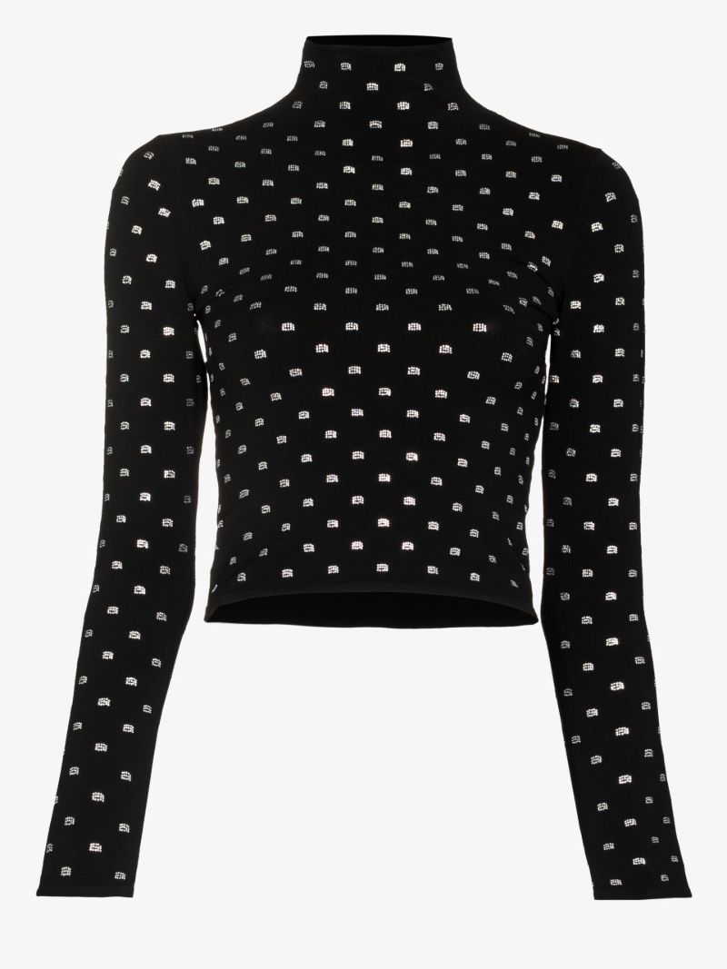 Black Crystal Embellished Cropped Turtleneck