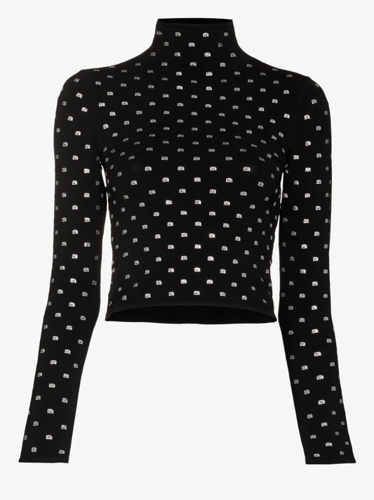 Black Crystal Embellished Cropped Turtleneck