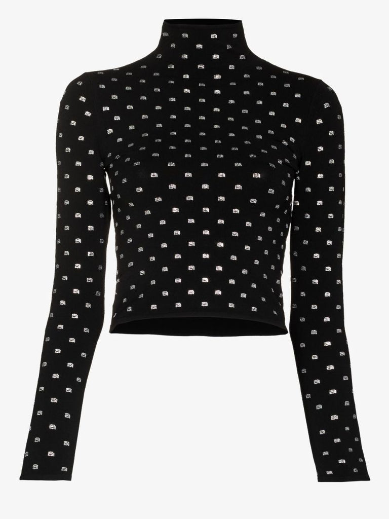 Black Crystal Embellished Cropped Turtleneck