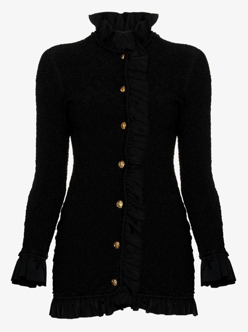 Black Ruffle Trim Smocked Mini Dress