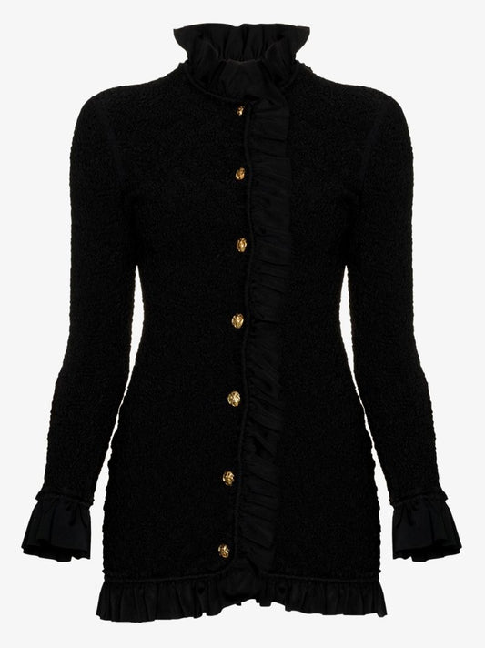 Black Ruffle Trim Smocked Mini Dress
