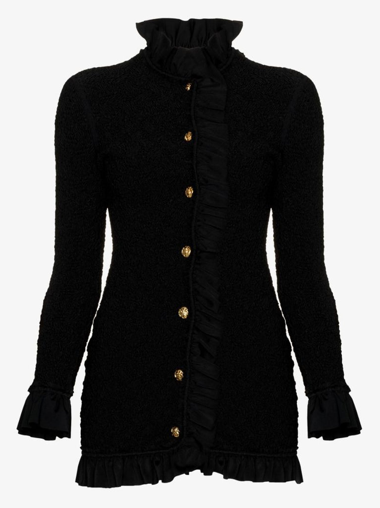 Black Ruffle Trim Smocked Mini Dress