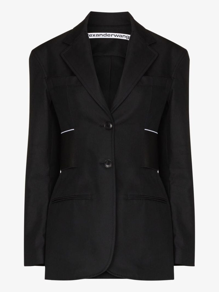 Black Logo Waistband Single-breasted Cotton Blazer
