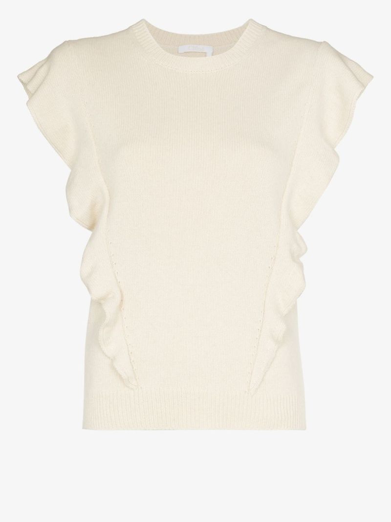 Ruffled Sleeveless Cashmere Sweater