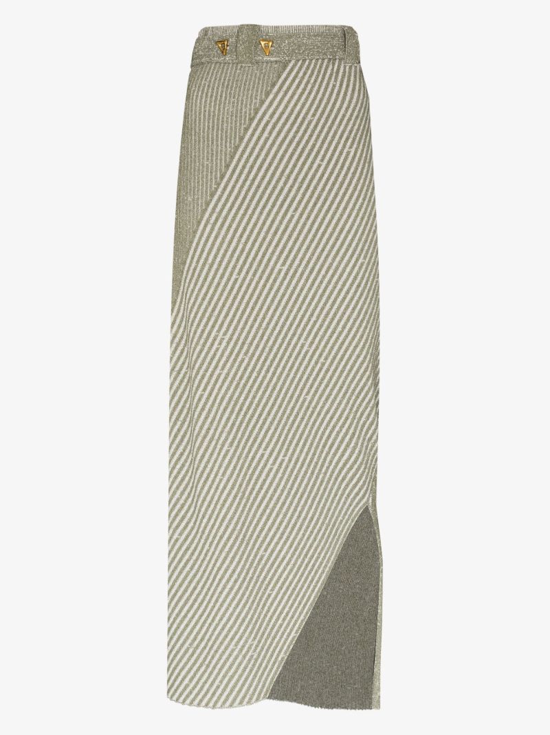 Sand Asymmetric Ribbed Knit Midi Skirt