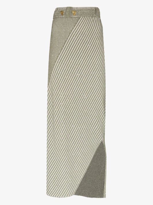 Sand Asymmetric Ribbed Knit Midi Skirt