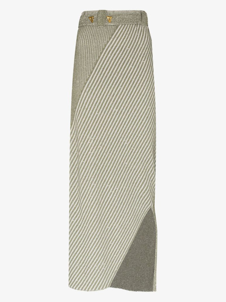 Sand Asymmetric Ribbed Knit Midi Skirt