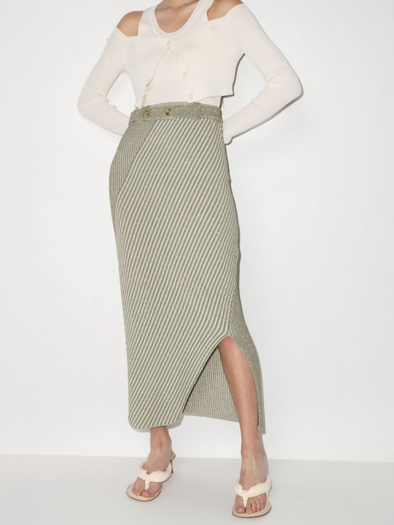 Sand Asymmetric Ribbed Knit Midi Skirt