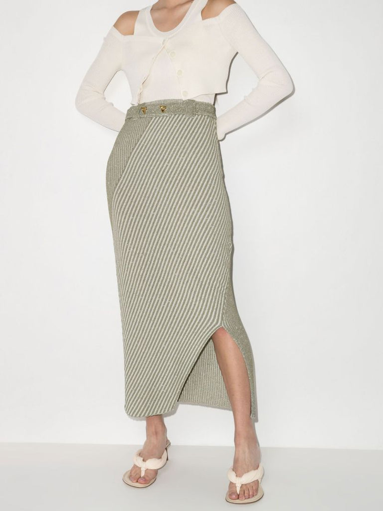 Sand Asymmetric Ribbed Knit Midi Skirt