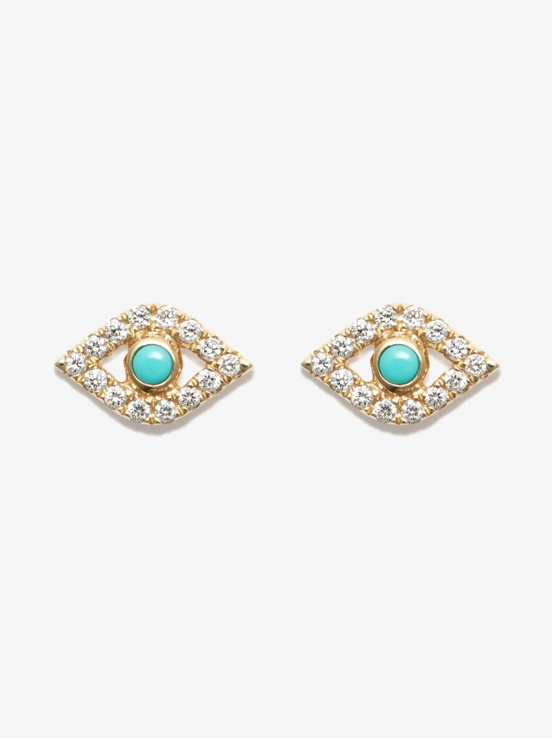 14k Yellow Gold Large Evil Eye Turquoise Diamond Earrings