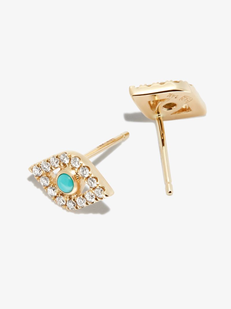 14k Yellow Gold Large Evil Eye Turquoise Diamond Earrings
