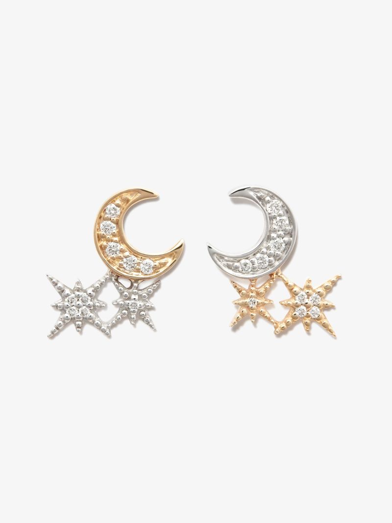 14k Yellow and White Gold Moon Starburst Diamond Earrings