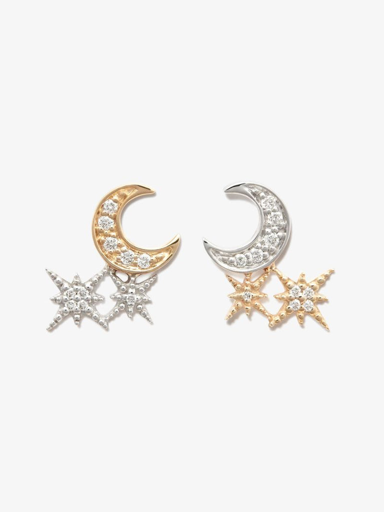 14k Yellow and White Gold Moon Starburst Diamond Earrings