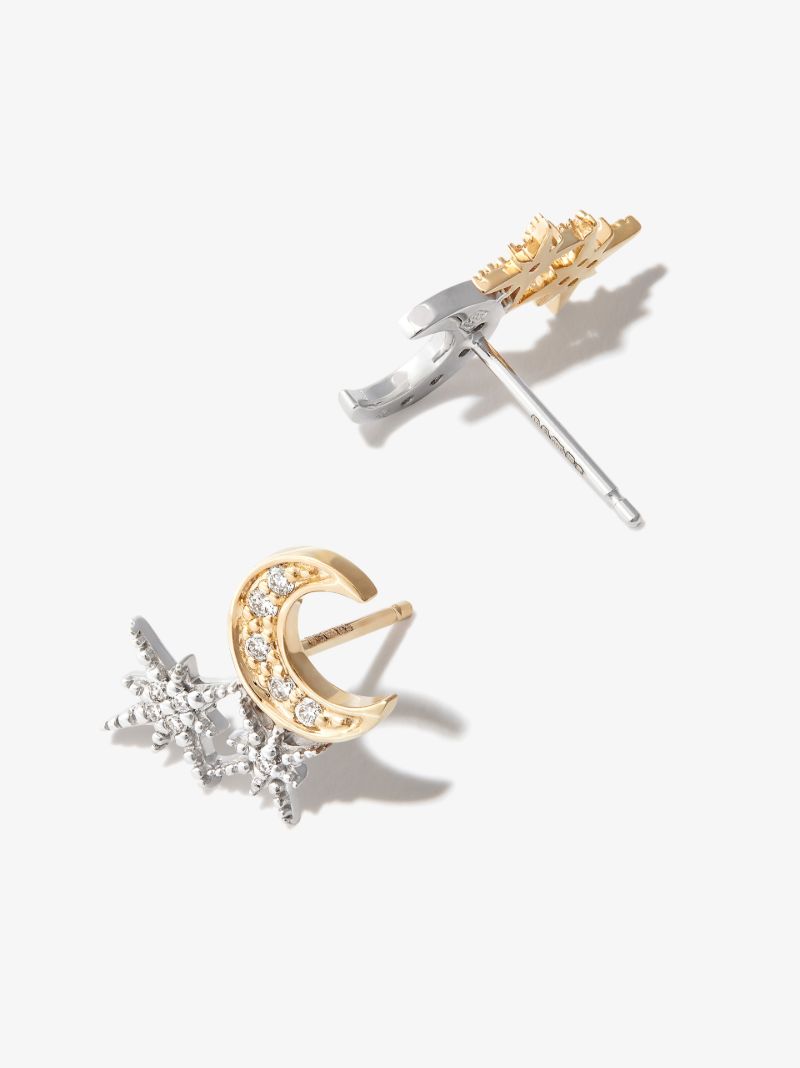 14k Yellow and White Gold Moon Starburst Diamond Earrings