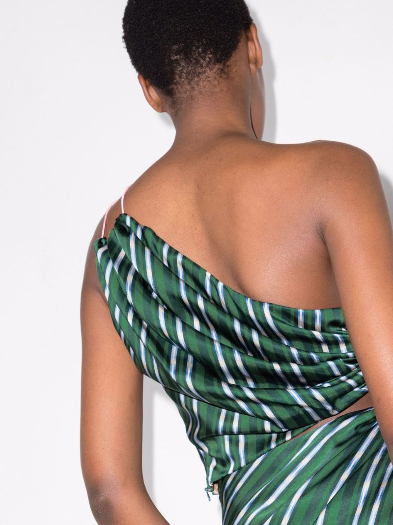 X Browns Focus Green Deva One Shoulder Striped Silk Top