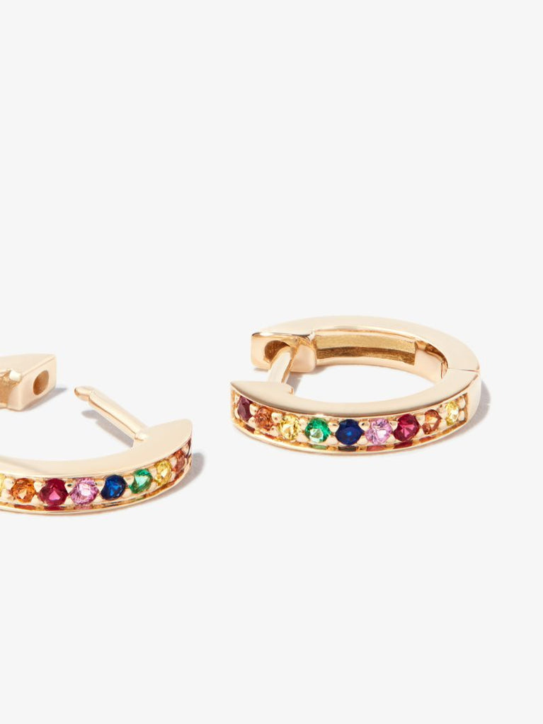 14k Yellow Gold Rainbow Gemstone Huggie Hoop Earrings