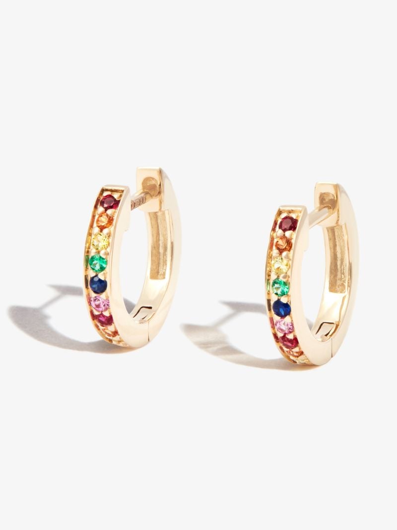 14k Yellow Gold Rainbow Gemstone Huggie Hoop Earrings