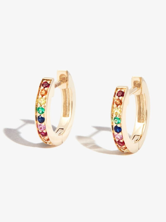 14k Yellow Gold Rainbow Gemstone Huggie Hoop Earrings