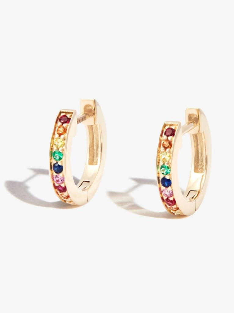 14k Yellow Gold Rainbow Gemstone Huggie Hoop Earrings