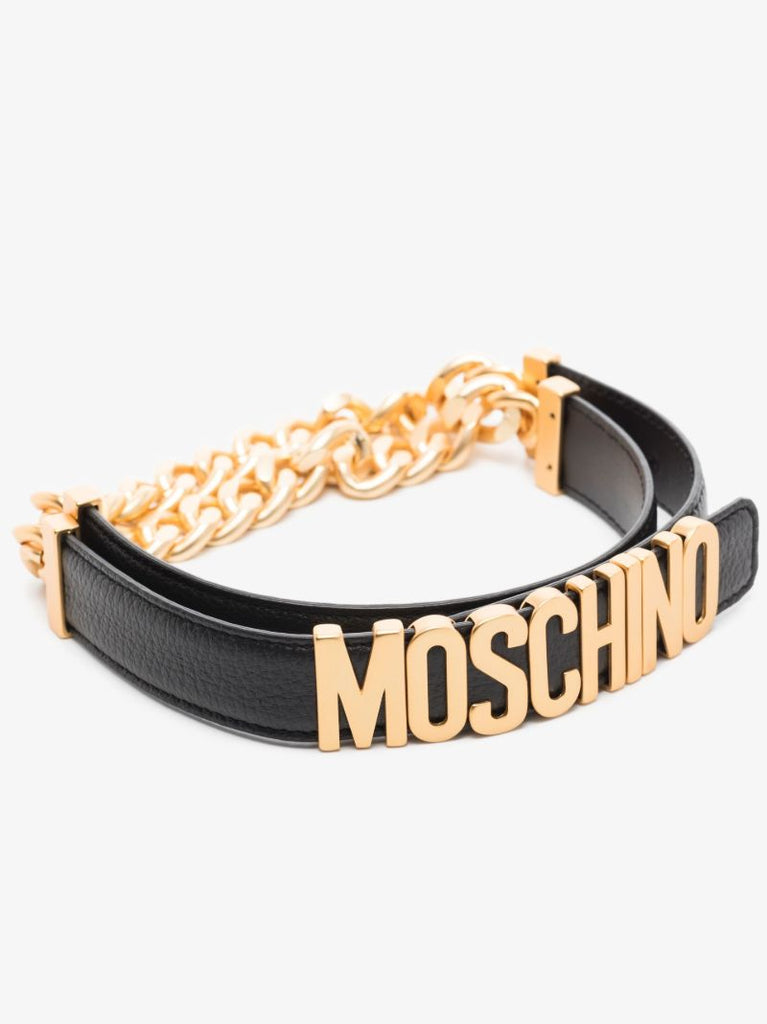 Black Chain Detail Logo Leather Belt