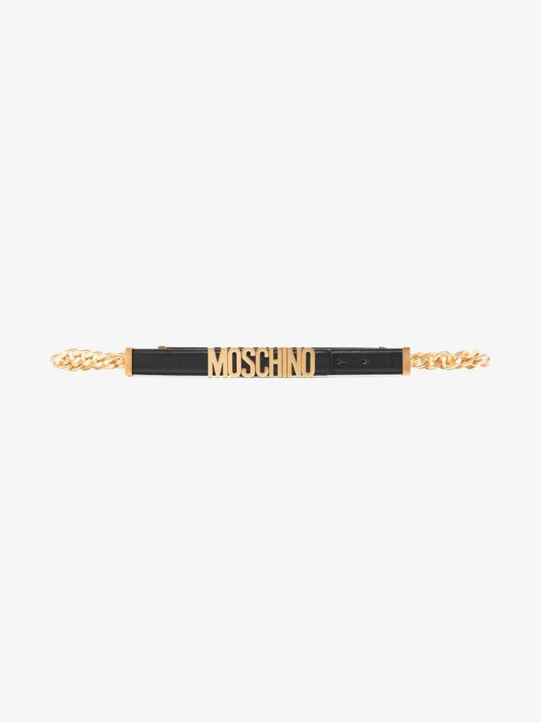 Black Chain Detail Logo Leather Belt