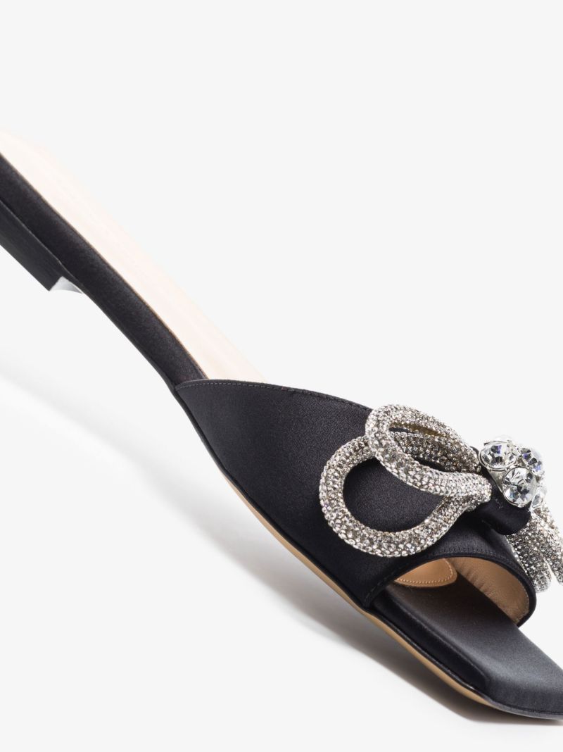 Black Double Bow Crystal Satin Sandals