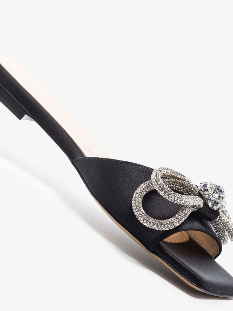 Black Double Bow Crystal Satin Sandals