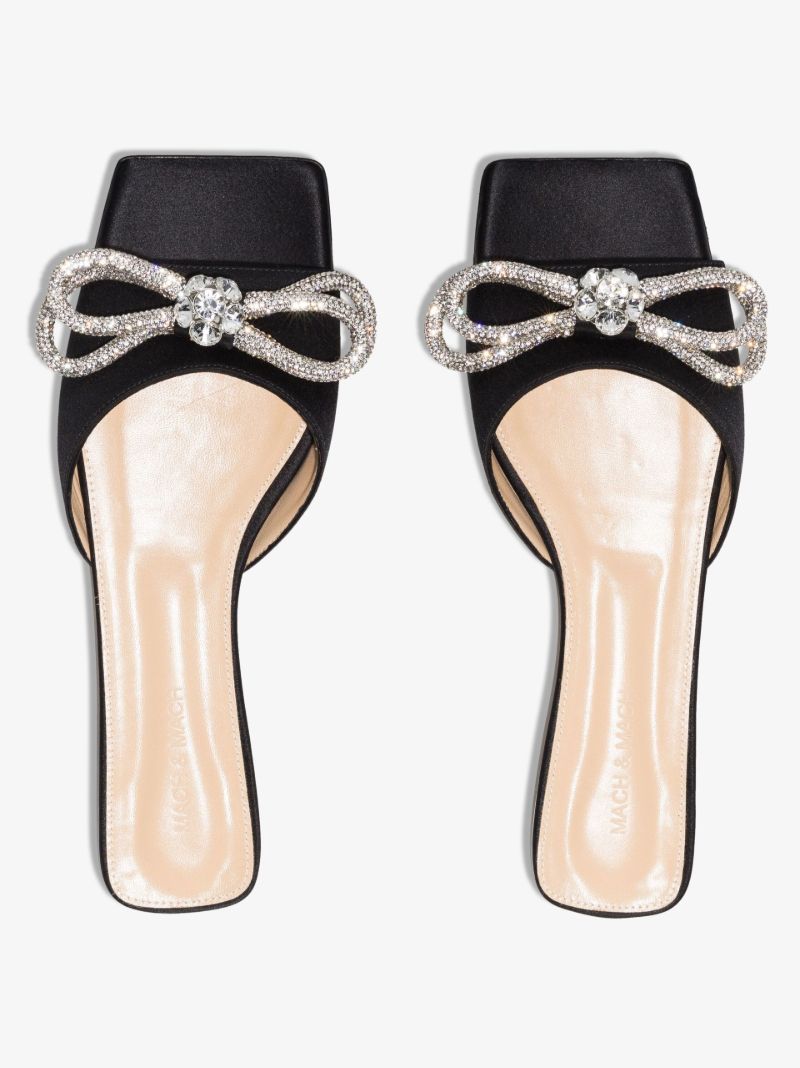 Black Double Bow Crystal Satin Sandals