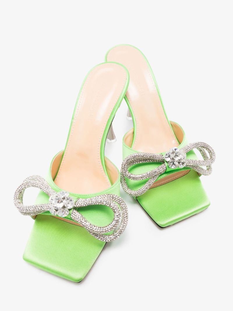 Green Double Bow 95 Satin Mules