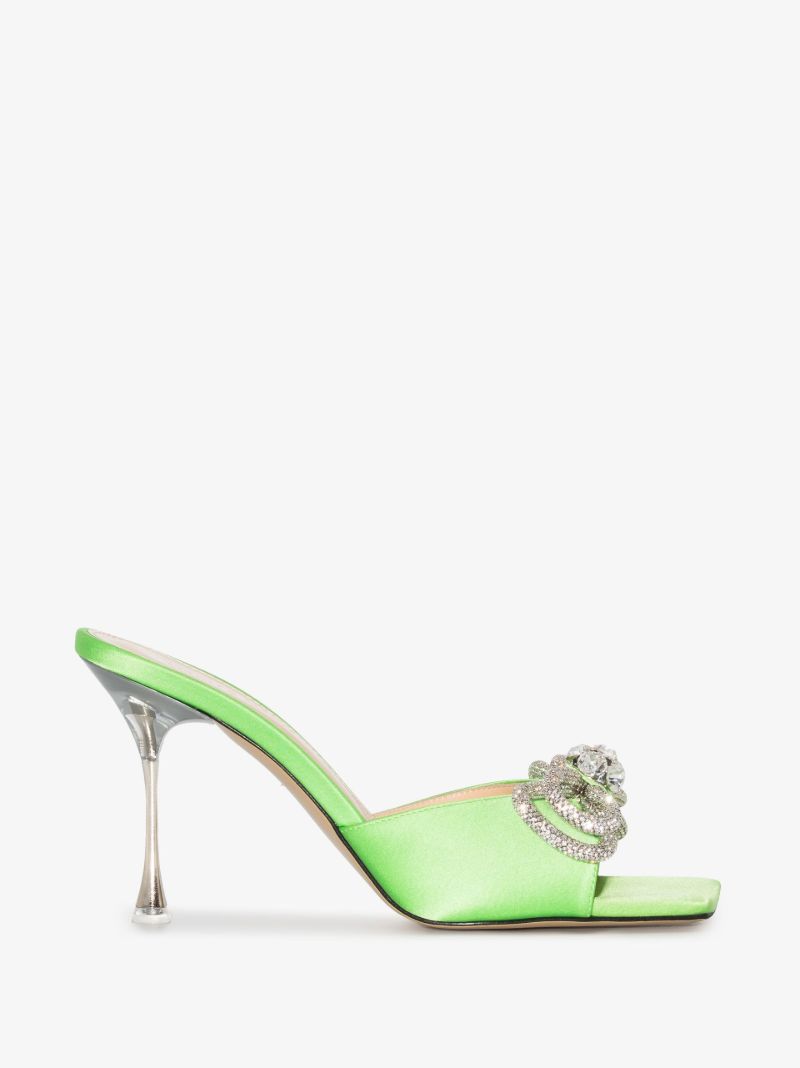 Green Double Bow 95 Satin Mules