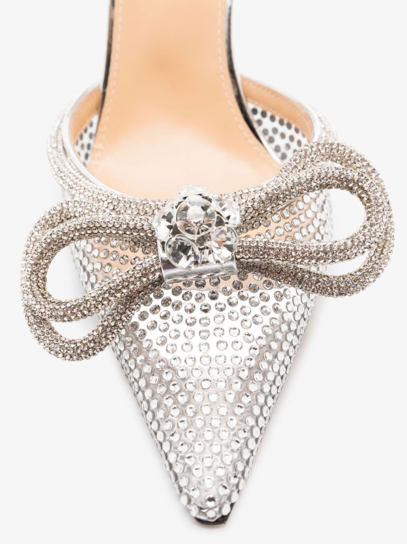 Silver Double Bow 100 Crystal Leather Pumps