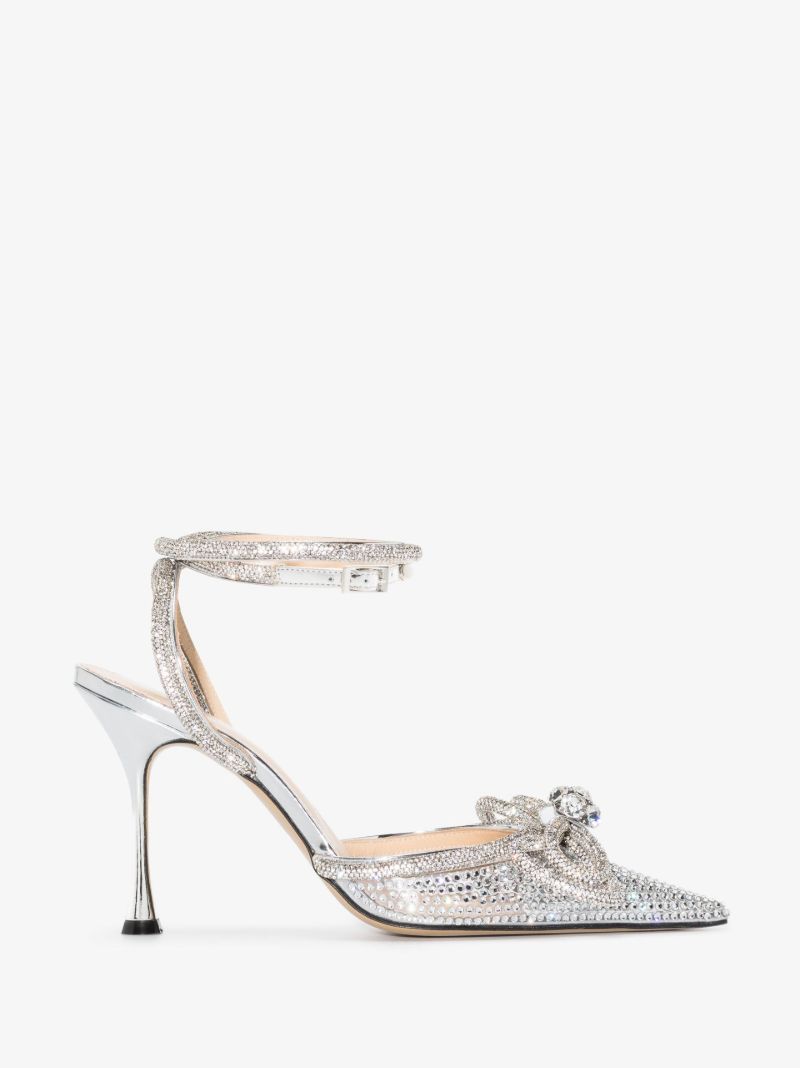 Silver Double Bow 100 Crystal Leather Pumps