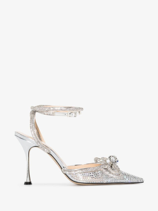 Silver Double Bow 100 Crystal Leather Pumps