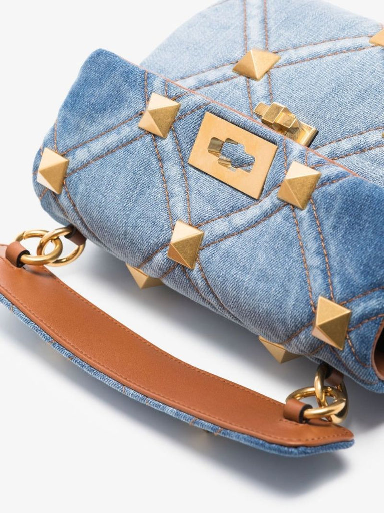Blue Roman Stud Medium Denim Shoulder Bag