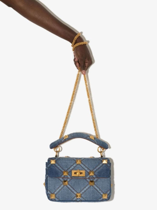 Blue Roman Stud Medium Denim Shoulder Bag