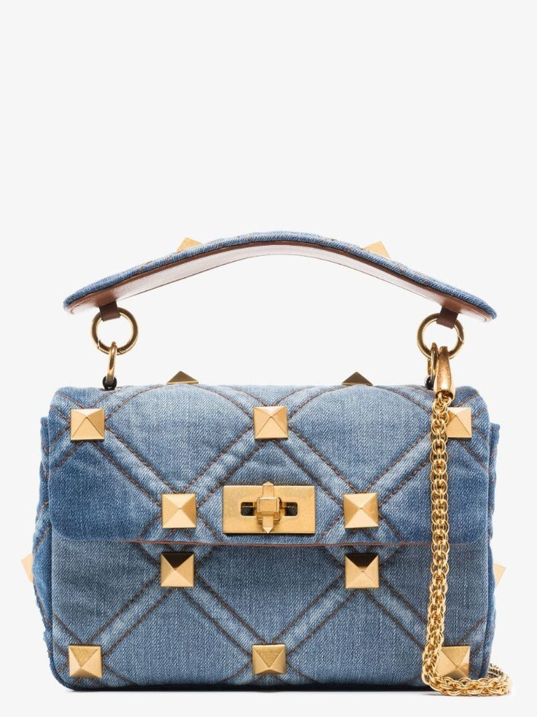 Blue Roman Stud Medium Denim Shoulder Bag