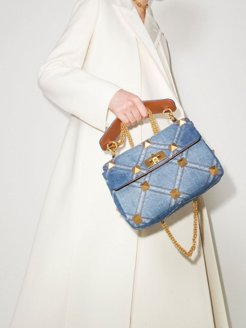 Blue Roman Stud Medium Denim Shoulder Bag